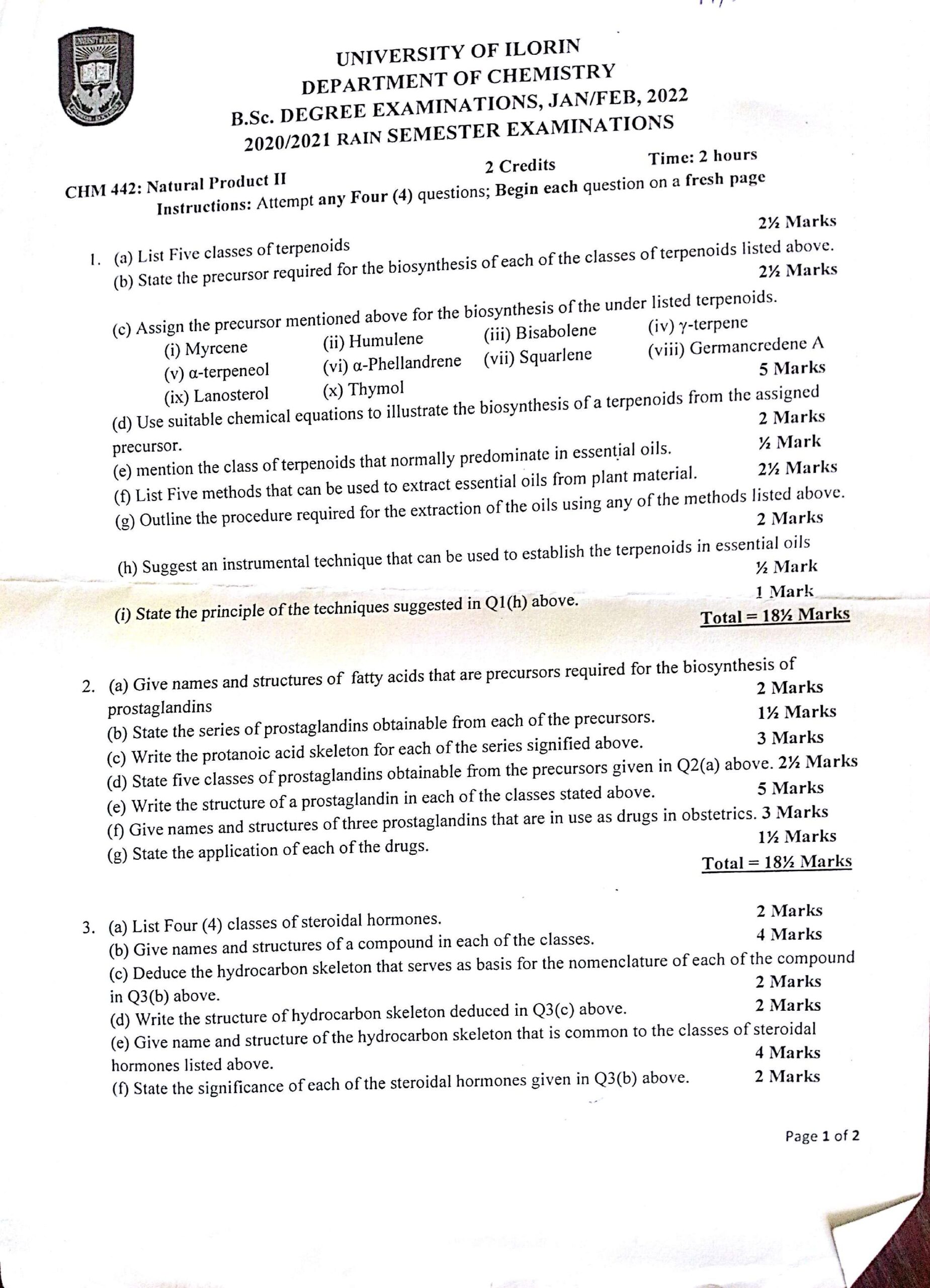 CHM 442 - Natural Product II UNILORIN 20202021 Rain Semester Examinations-1 - MyStudyPals.com