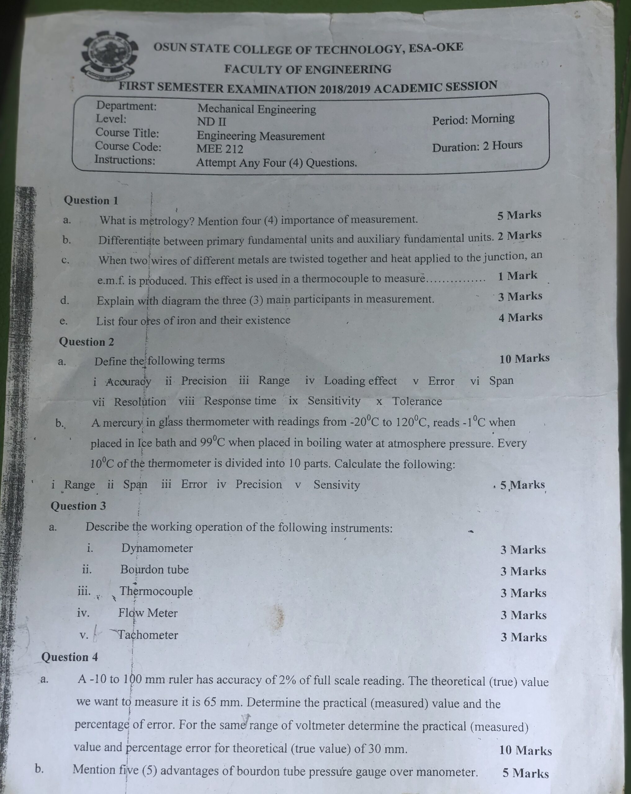 MEE 212 - Engineering Measurement OSUNTECHCOLLEGE 20182019 First Semester Examination - MyStudyPals.com MEE 212 - Engineering Measurement OSUNTECHCOLLEGE 20182019 First Semester Examination