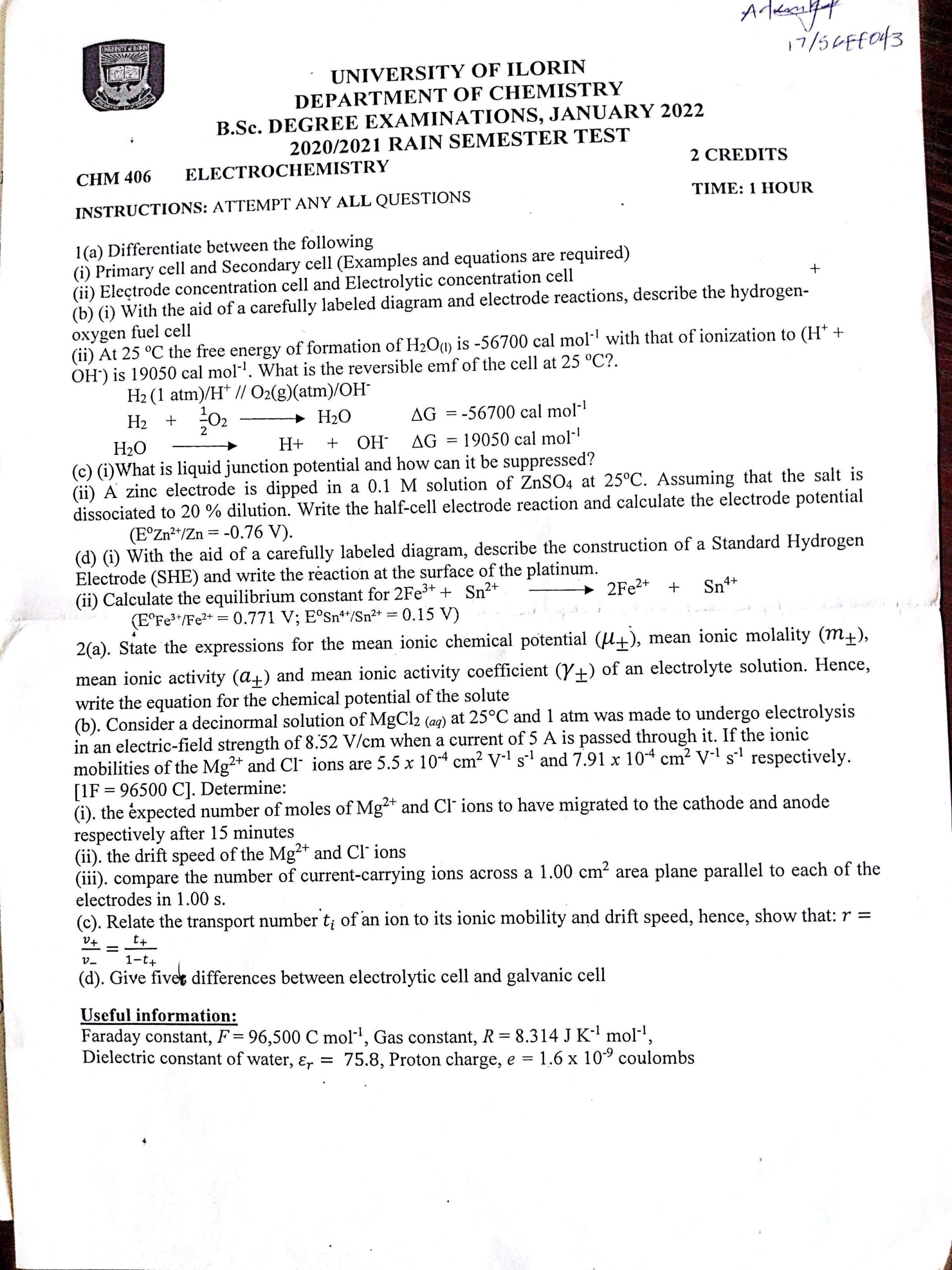 test-page-1 - MyStudyPals.com CHM 406 - ELECTROCHEMISTRY 2020/2021 UNILORIN RAIN SEMESTER TEST