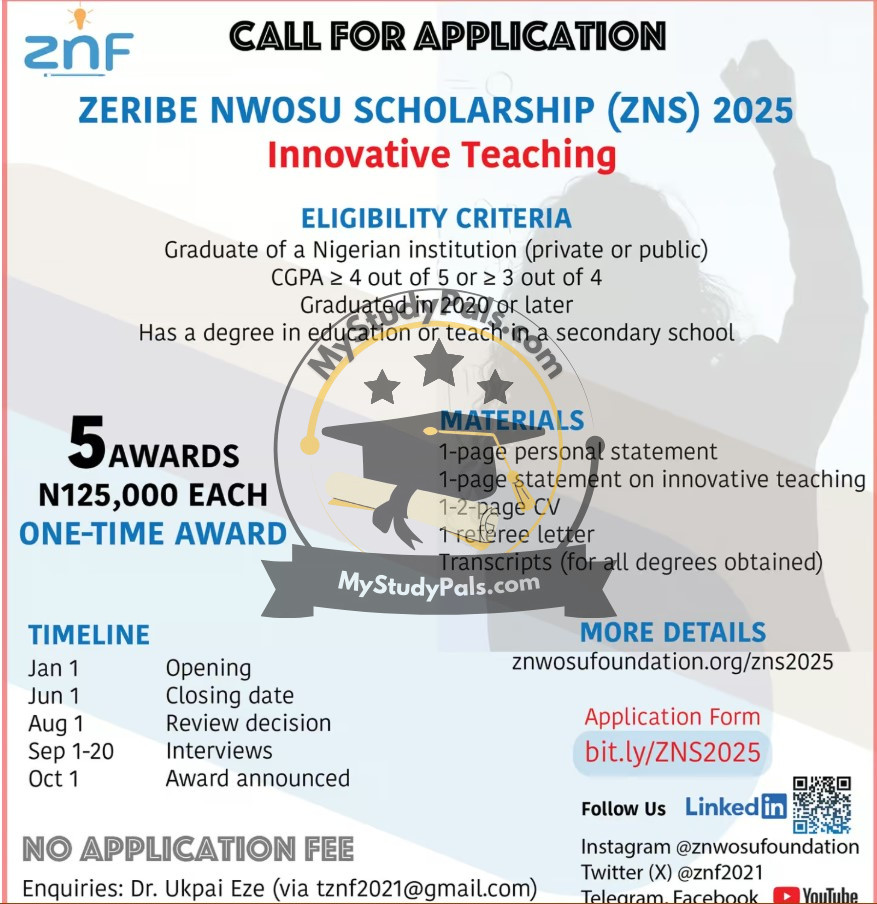 Apply Now for Zeribe Nwosu Innovative Teaching Scholarship 2025 - MyStudyPals.com